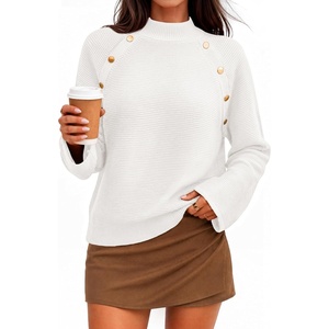 ZESICA Women’s Fall Winter Mock Neck Metal Button Pullover Sweaters(White)