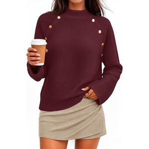 ZESICA Women’s Fall Winter Mock Neck Metal Button Pullover Sweaters(Wine)