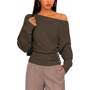 ZESICA Women’s Fall Winter Off Shoulder Sweaters Elegant Pullover Tops(Brown)