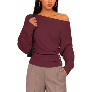 ZESICA Women’s Fall Winter Off Shoulder Sweaters Elegant Pullover Tops(Burgundy)