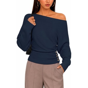 ZESICA Women’s Fall Winter Off Shoulder Sweaters Elegant Pullover Tops(Navy)
