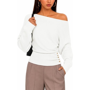 ZESICA Women’s Fall Winter Off Shoulder Sweaters Elegant Pullover Tops(White)