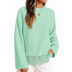 ZESICA Women’s Fall Winter Sweaters 2026 Lace Trim Pullover Tops(Mint)