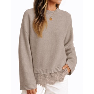ZESICA Women’s Fall Winter Sweaters 2026 Lace Trim Pullover Tops(Oats)