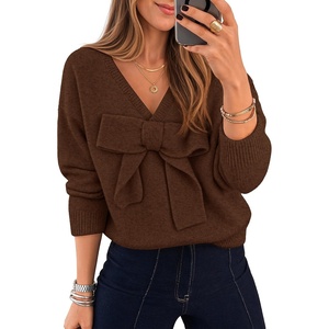ZESICA Womens Long Sleeve Bow Sweaters Pullover Knit Tops 2026 Fall Clothes(Coffee)