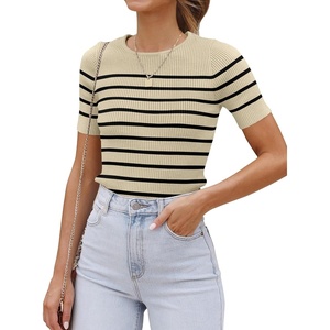 ZESICA Women’s Striped Short Sleeve Ribbed Knit Fitted T Shirts(Almond)