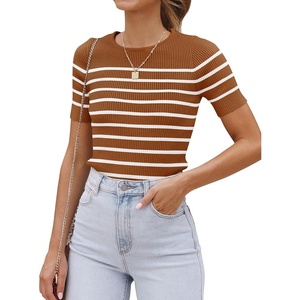 ZESICA Women’s Striped Short Sleeve Ribbed Knit Fitted T Shirts(Brown)