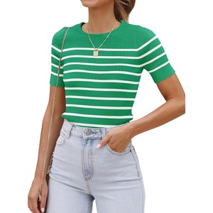 ZESICA Women’s Striped Short Sleeve Ribbed Knit Fitted T Shirts(Green)