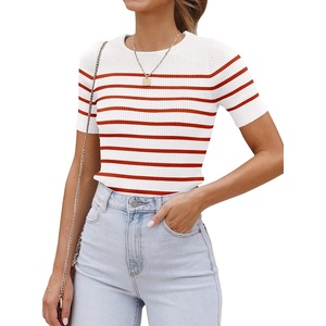 ZESICA Women’s Striped Short Sleeve Ribbed Knit Fitted T Shirts(Red)