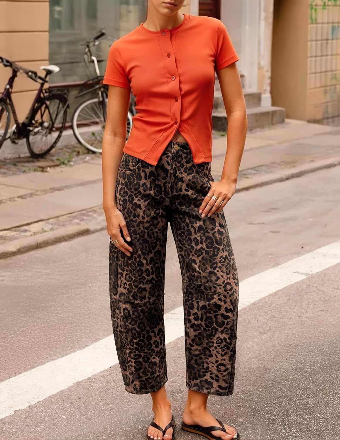 image:imageZESICA 2026 Barrel Jeans for Women Trendy Wide Leg PantsBrownleopard