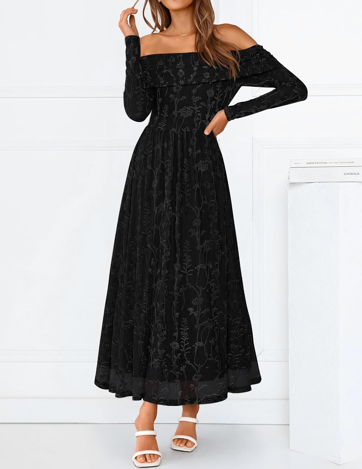 image:imageZESICA Womens 2026 Fall Floral Wedding Guest Off the Shoulder Maxi DressesBlack