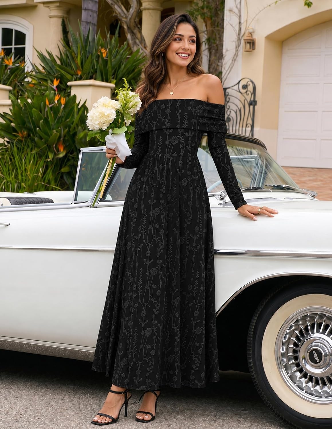 image:imageZESICA Womens 2026 Fall Floral Wedding Guest Off the Shoulder Maxi DressesBlack