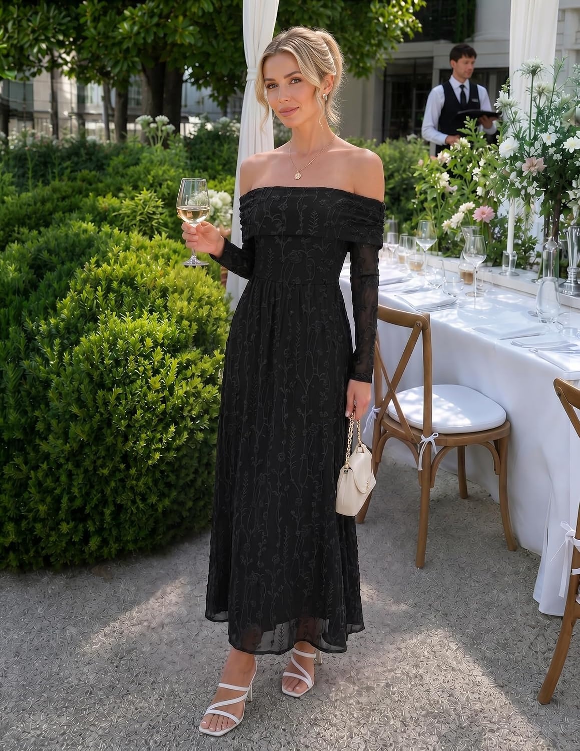 image:imageZESICA Womens 2026 Fall Floral Wedding Guest Off the Shoulder Maxi DressesBlack