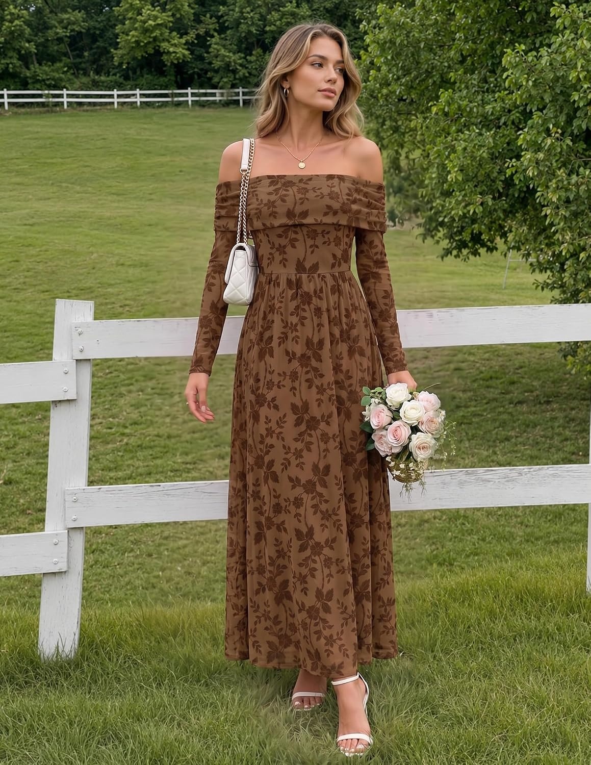 image:imageZESICA Womens 2026 Fall Floral Wedding Guest Off the Shoulder Maxi DressesBrown