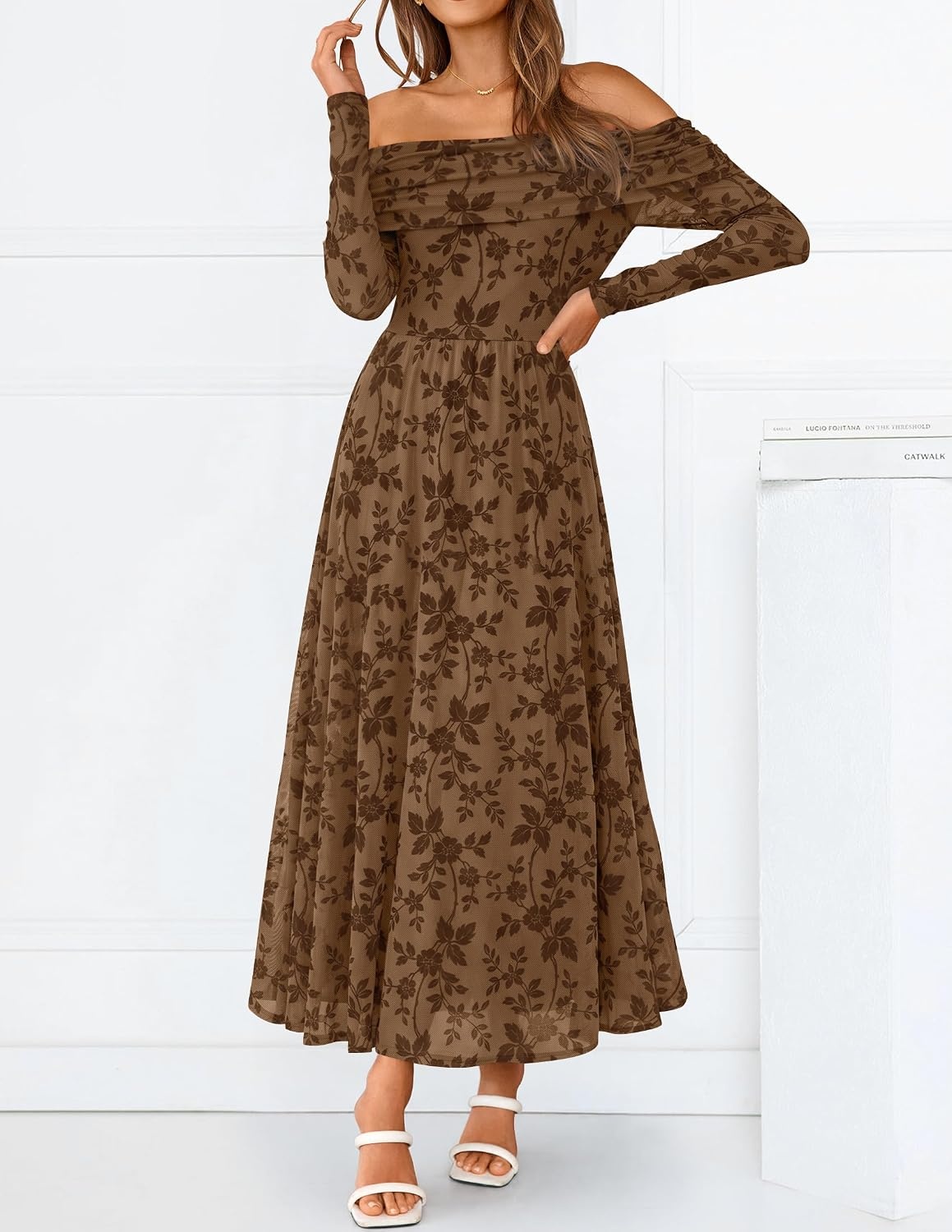 image:imageZESICA Womens 2026 Fall Floral Wedding Guest Off the Shoulder Maxi DressesBrown