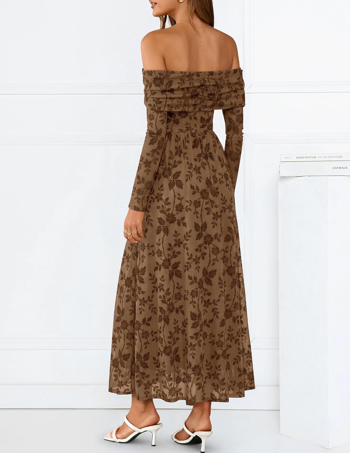 image:imageZESICA Womens 2026 Fall Floral Wedding Guest Off the Shoulder Maxi DressesBrown