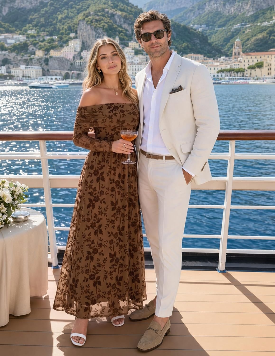 image:imageZESICA Womens 2026 Fall Floral Wedding Guest Off the Shoulder Maxi DressesBrown