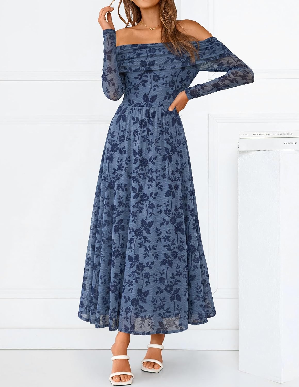 image:imageZESICA Womens 2026 Fall Floral Wedding Guest Off the Shoulder Maxi DressesDustyblue