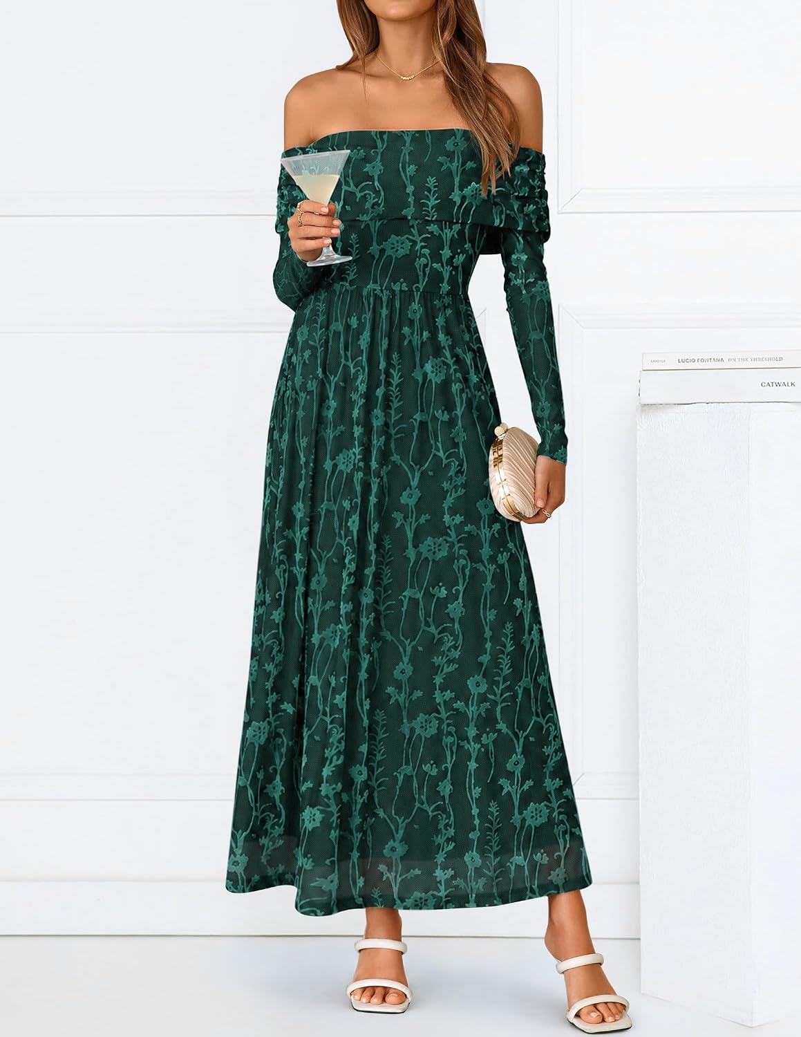 image:imageZESICA Womens 2026 Fall Floral Wedding Guest Off the Shoulder Maxi DressesGreen