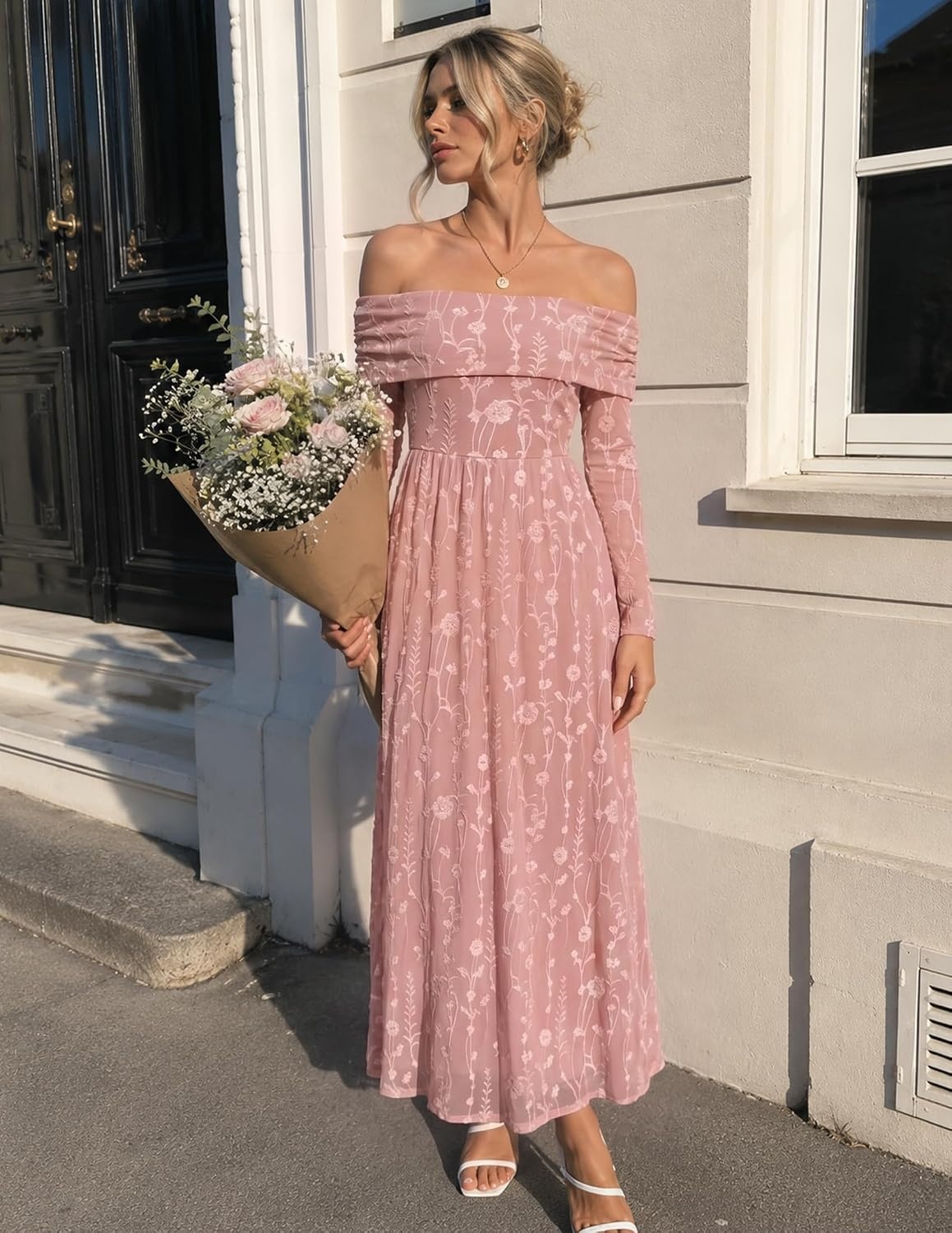 image:imageZESICA Womens 2026 Fall Floral Wedding Guest Off the Shoulder Maxi DressesPink