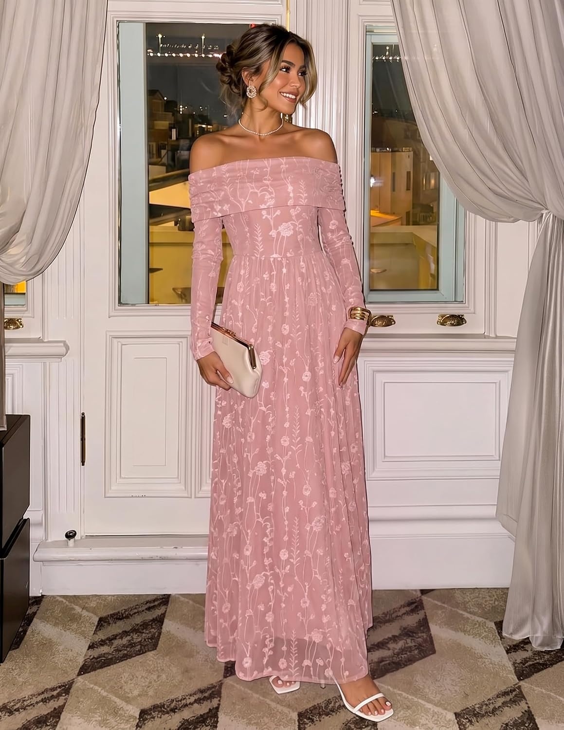 image:imageZESICA Womens 2026 Fall Floral Wedding Guest Off the Shoulder Maxi DressesPink