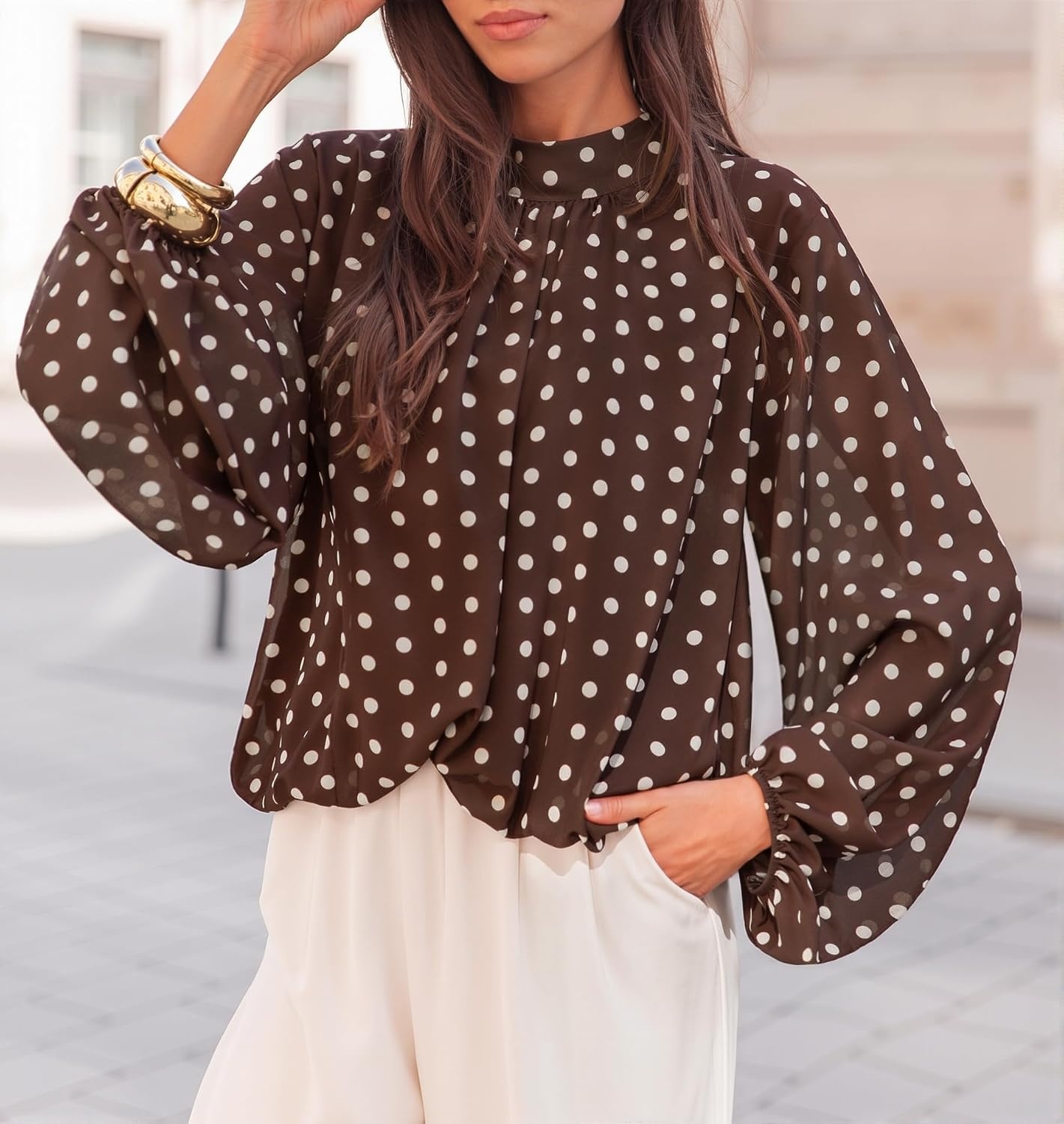 image:imageZESICA Womens Dressy Casual Blouses Fall Long Sleeve Chiffon TopsBrown