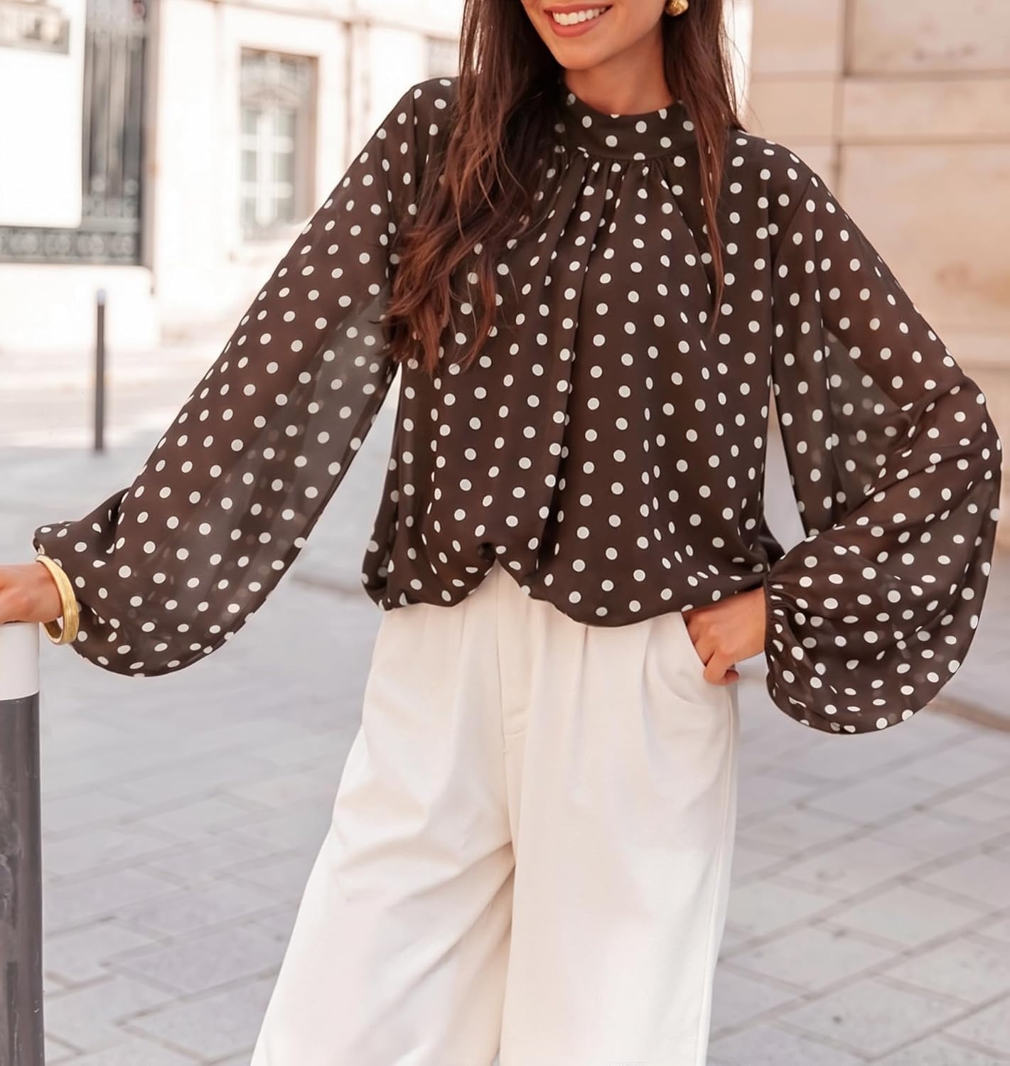 image:imageZESICA Womens Dressy Casual Blouses Fall Long Sleeve Chiffon TopsBrown