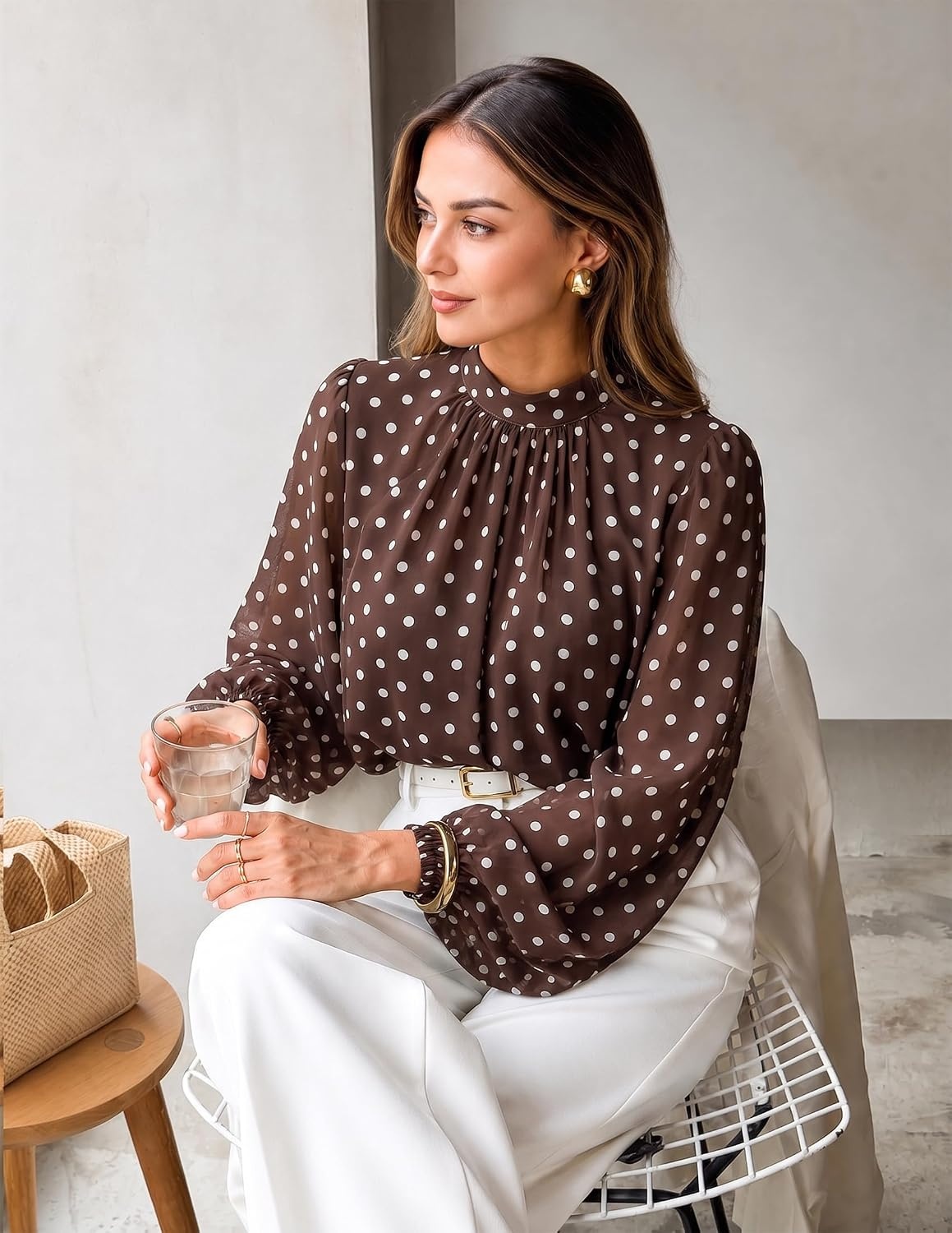 image:imageZESICA Womens Dressy Casual Blouses Fall Long Sleeve Chiffon TopsBrown