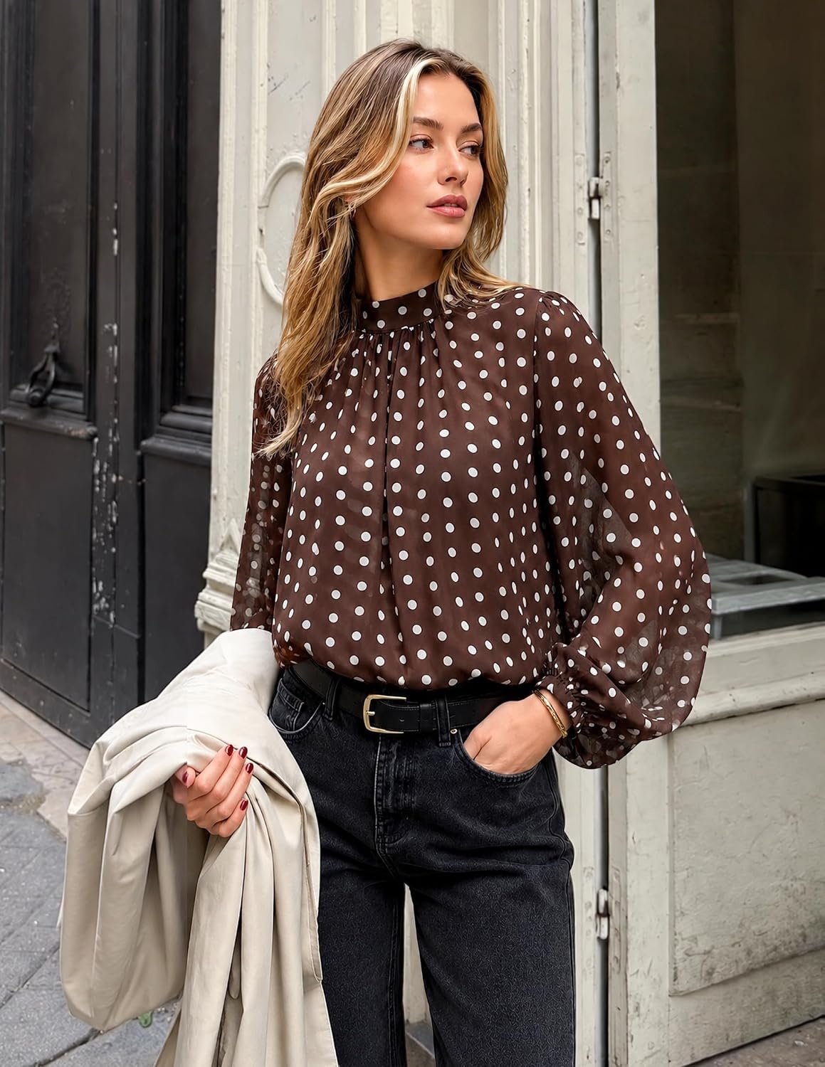 image:imageZESICA Womens Dressy Casual Blouses Fall Long Sleeve Chiffon TopsBrown