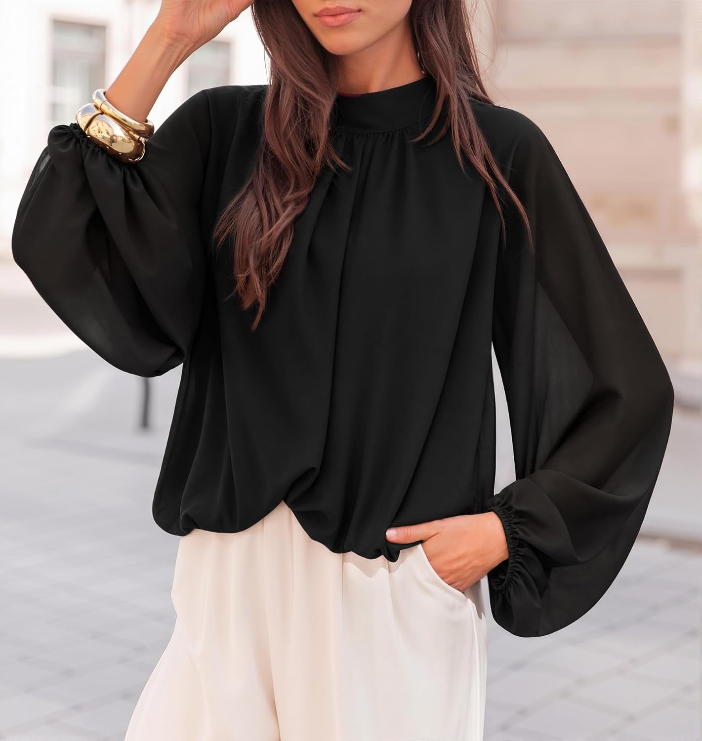 image:imageZESICA Womens Dressy Casual Blouses Fall Long Sleeve Chiffon TopsDim