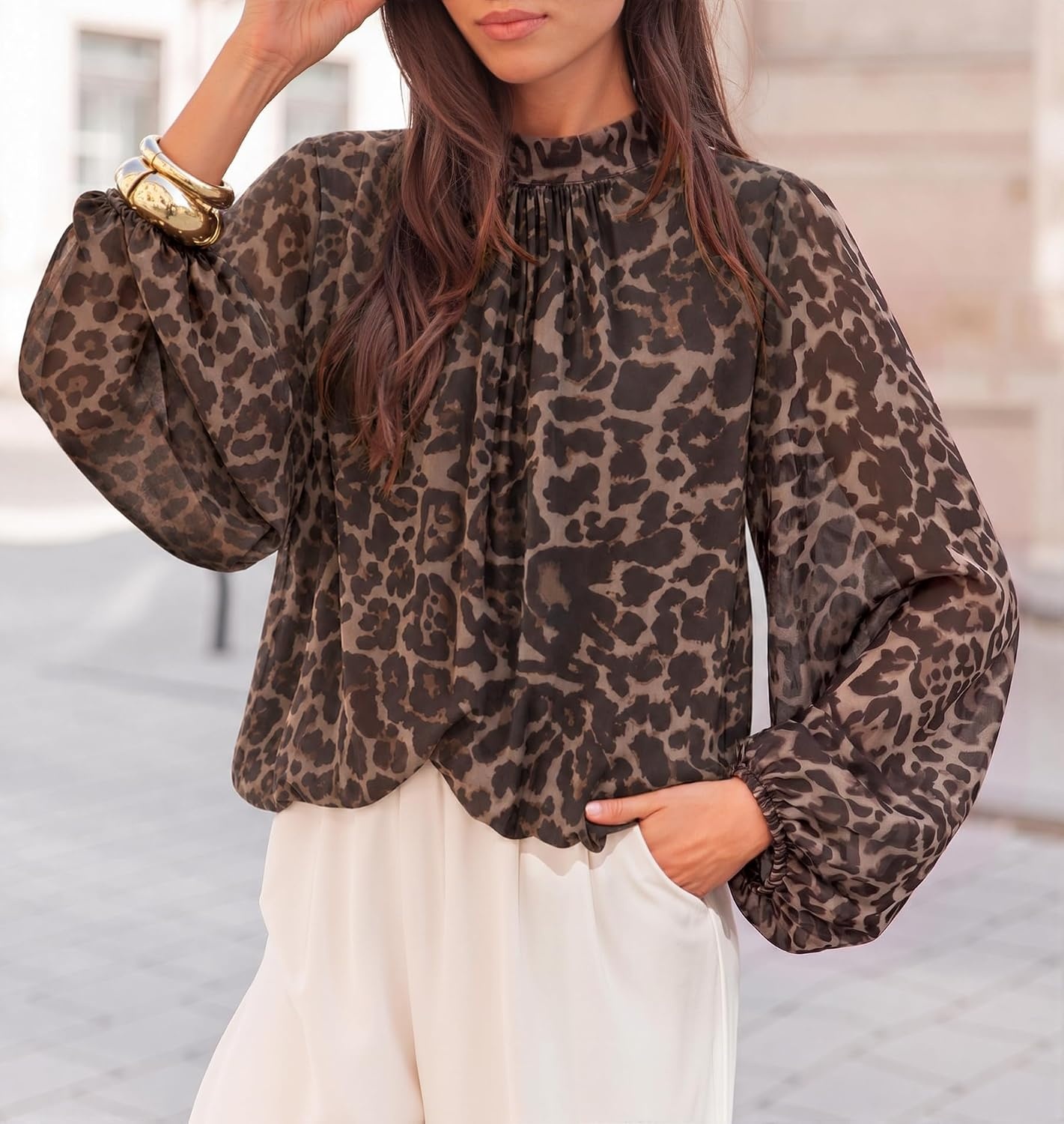 image:imageZESICA Womens Dressy Casual Blouses Fall Long Sleeve Chiffon TopsLeopard