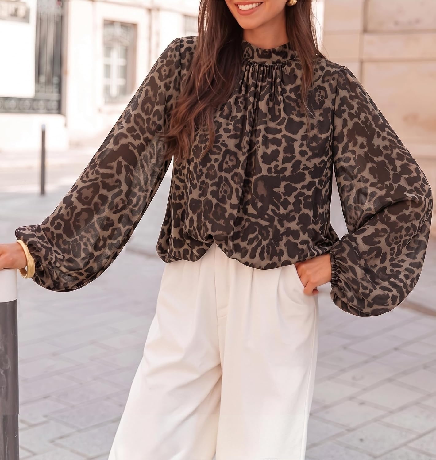 image:imageZESICA Womens Dressy Casual Blouses Fall Long Sleeve Chiffon TopsLeopard