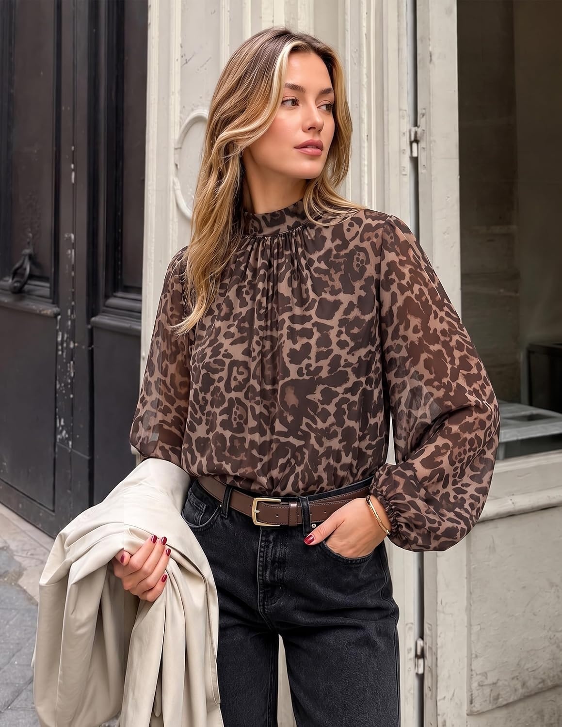 image:imageZESICA Womens Dressy Casual Blouses Fall Long Sleeve Chiffon TopsLeopard