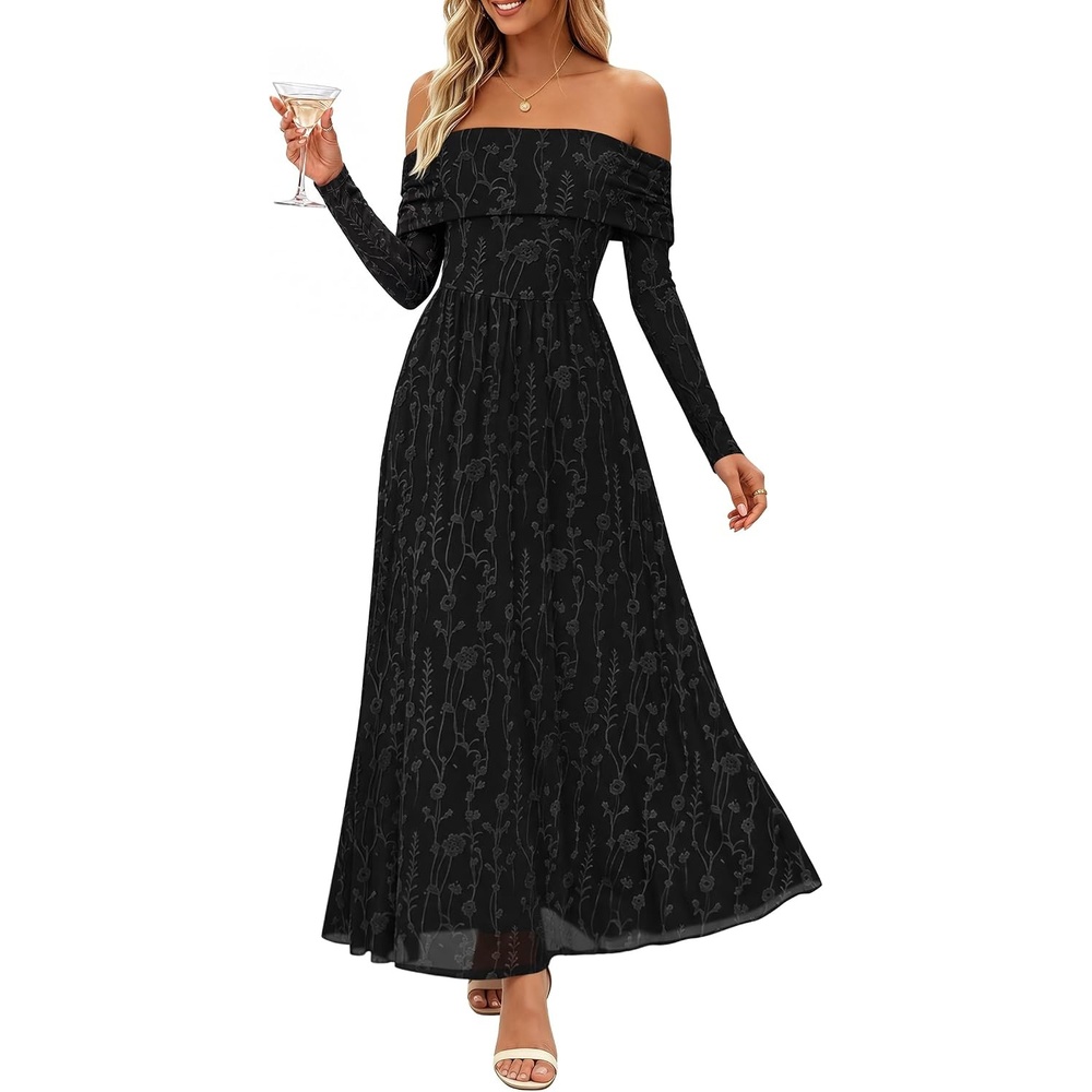 image:imageZESICA Womens 2026 Fall Floral Wedding Guest Off the Shoulder Maxi DressesBlack