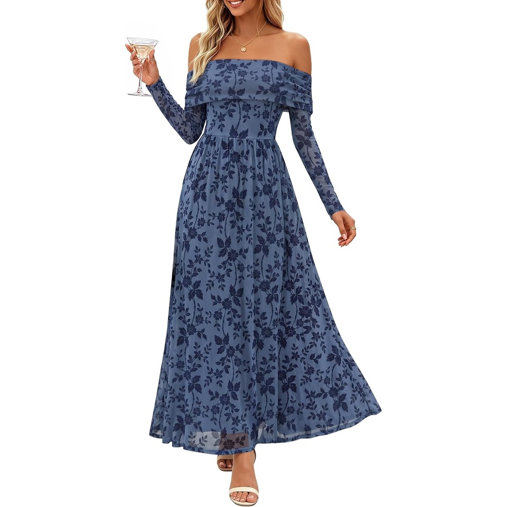 image:imageZESICA Womens 2026 Fall Floral Wedding Guest Off the Shoulder Maxi DressesDustyblue