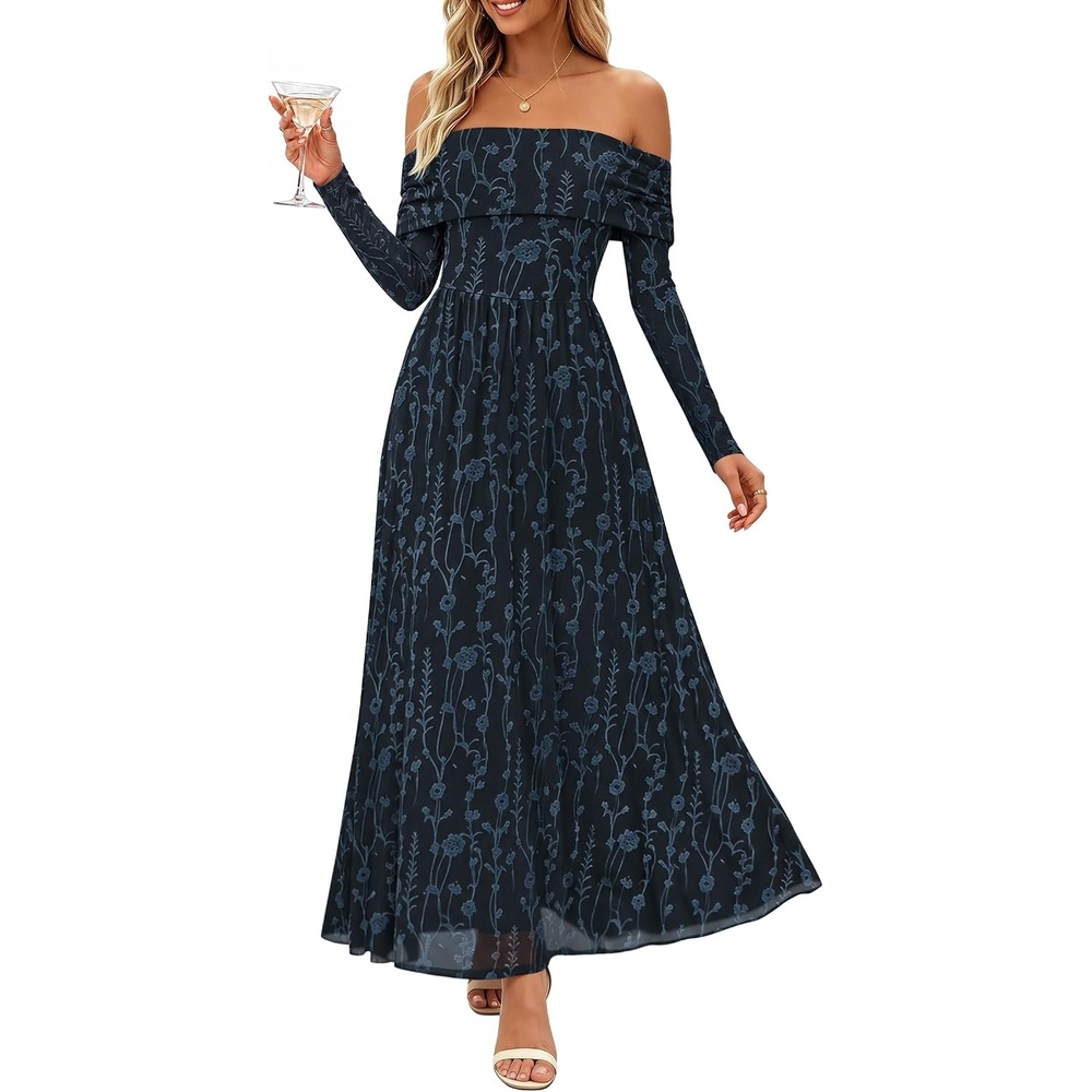 image:imageZESICA Womens 2026 Fall Floral Wedding Guest Off the Shoulder Maxi DressesNavy