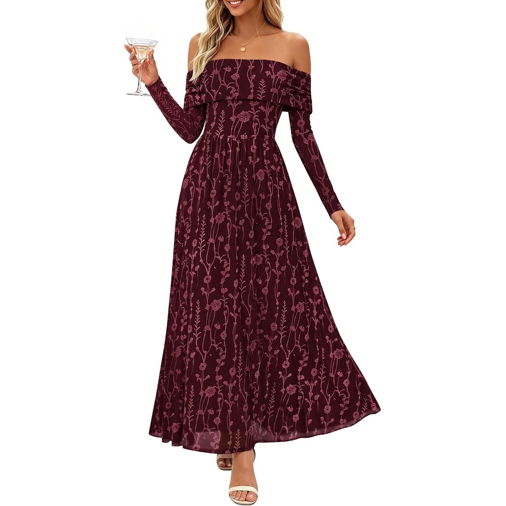 image:imageZESICA Womens 2026 Fall Floral Wedding Guest Off the Shoulder Maxi DressesWine
