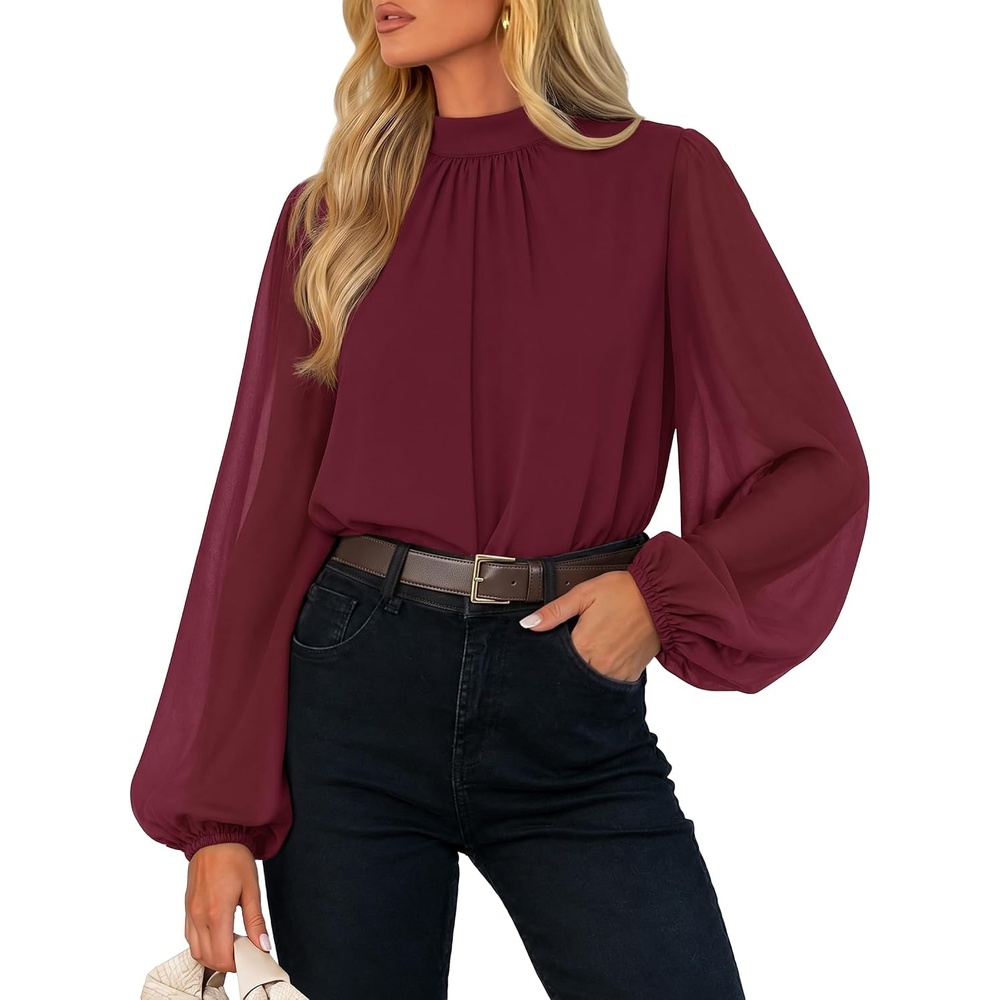 image:imageZESICA Womens Dressy Casual Blouses Fall Long Sleeve Chiffon TopsBurgundy