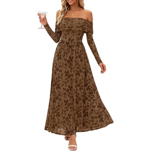 ZESICA Womens 2026 Fall Floral Wedding Guest Off the Shoulder Maxi Dresses(Brown)