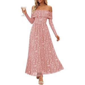 ZESICA Womens 2026 Fall Floral Wedding Guest Off the Shoulder Maxi Dresses(Pink)