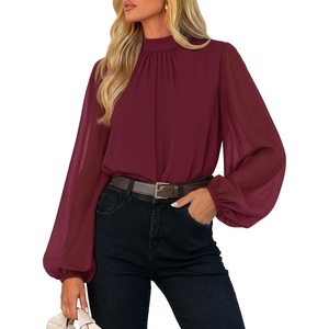 ZESICA Women‘s Dressy Casual Blouses Fall Long Sleeve Chiffon Tops(Burgundy)