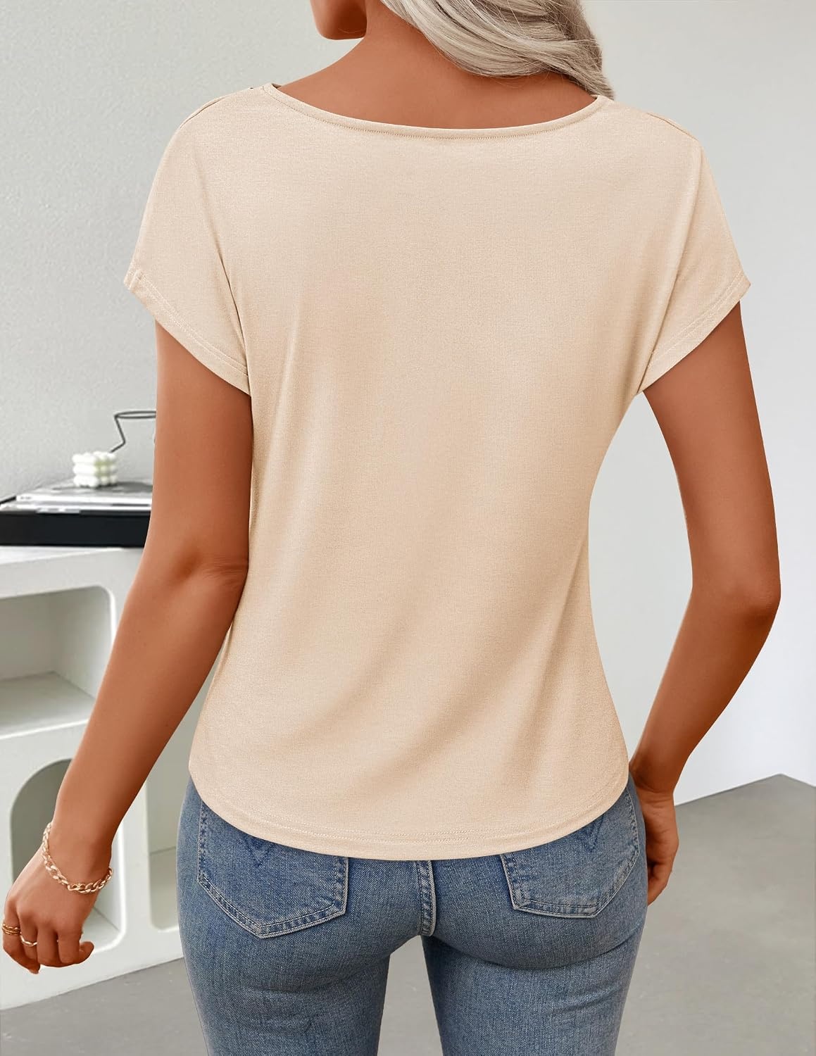 image:imageZESICA Womens Summer Cowl Neck Short Sleeve Tops Business Casual BlouseApricot