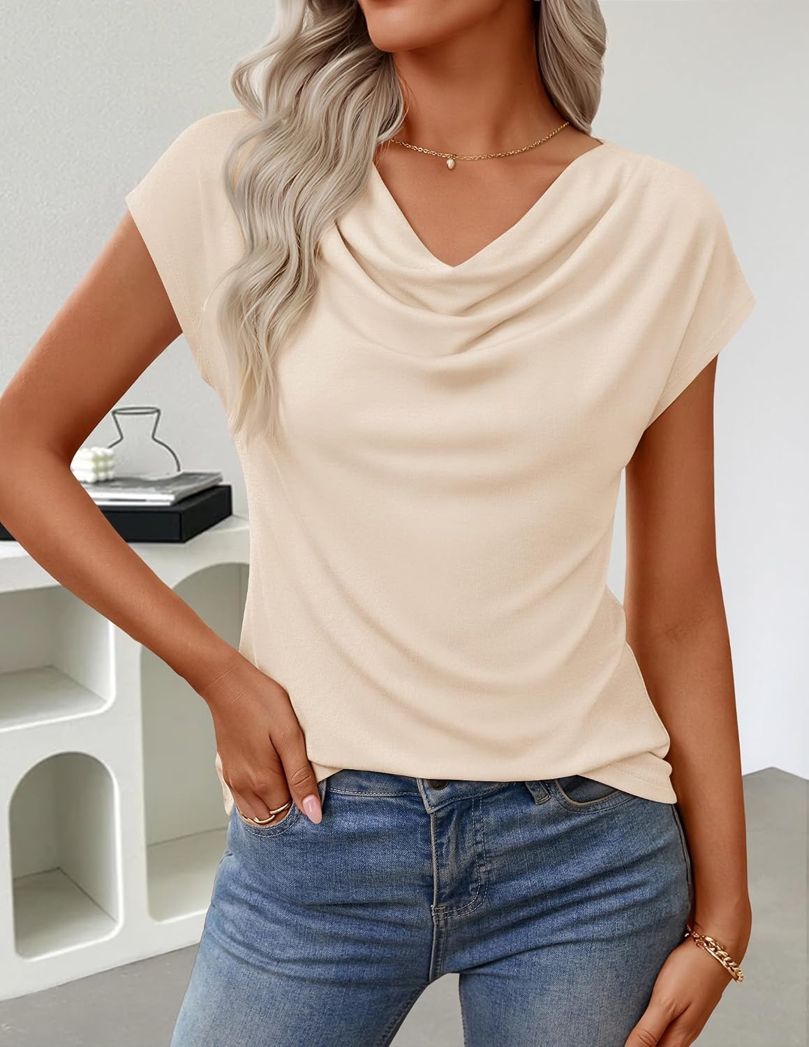 image:imageZESICA Womens Summer Cowl Neck Short Sleeve Tops Business Casual BlouseApricot