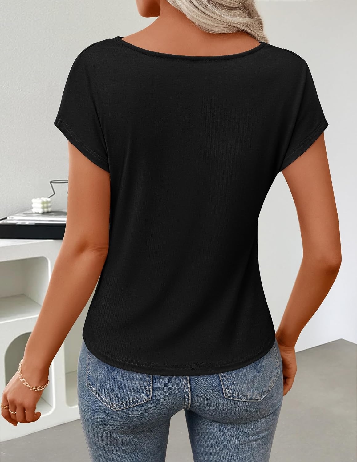 image:imageZESICA Womens Summer Cowl Neck Short Sleeve Tops Business Casual BlouseBlack