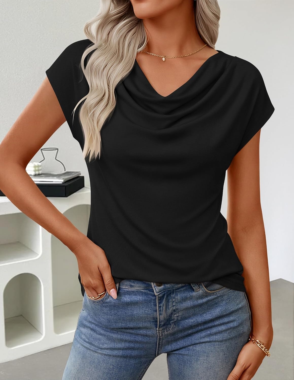 image:imageZESICA Womens Summer Cowl Neck Short Sleeve Tops Business Casual BlouseBlack