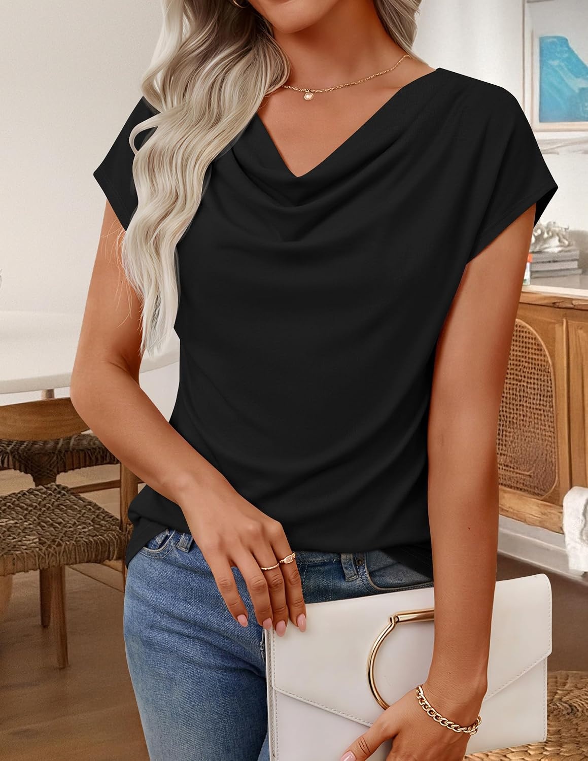 image:imageZESICA Womens Summer Cowl Neck Short Sleeve Tops Business Casual BlouseBlack