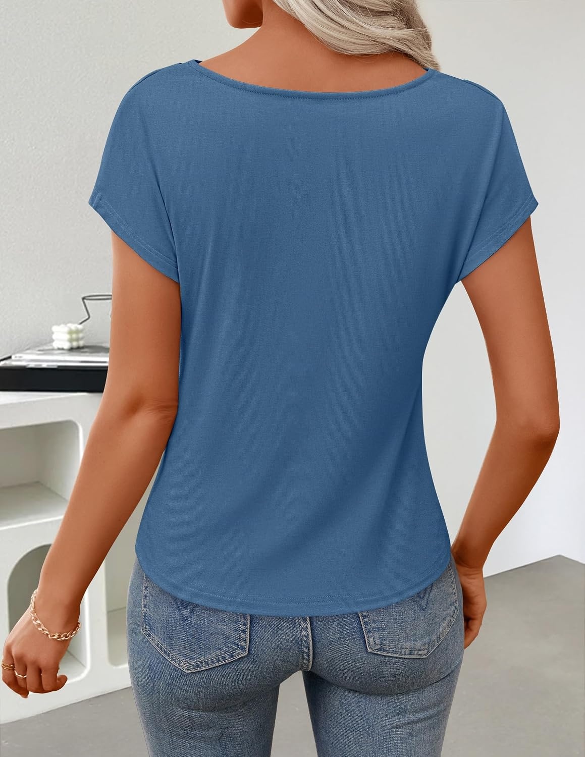 image:imageZESICA Womens Summer Cowl Neck Short Sleeve Tops Business Casual BlouseDustyblue