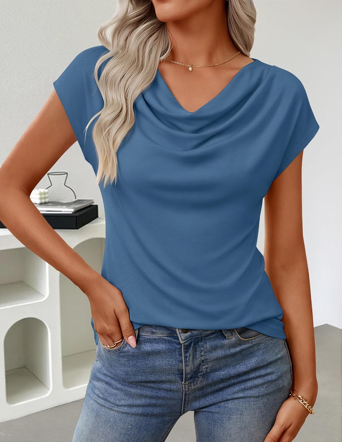 image:imageZESICA Womens Summer Cowl Neck Short Sleeve Tops Business Casual BlouseDustyblue