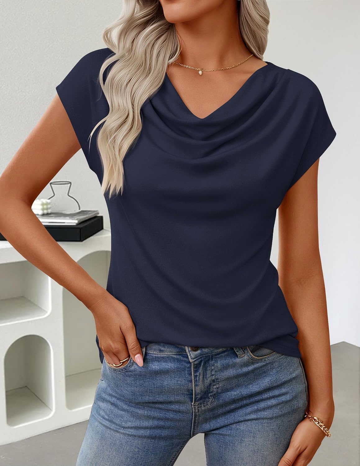 image:imageZESICA Womens Summer Cowl Neck Short Sleeve Tops Business Casual BlouseNavy