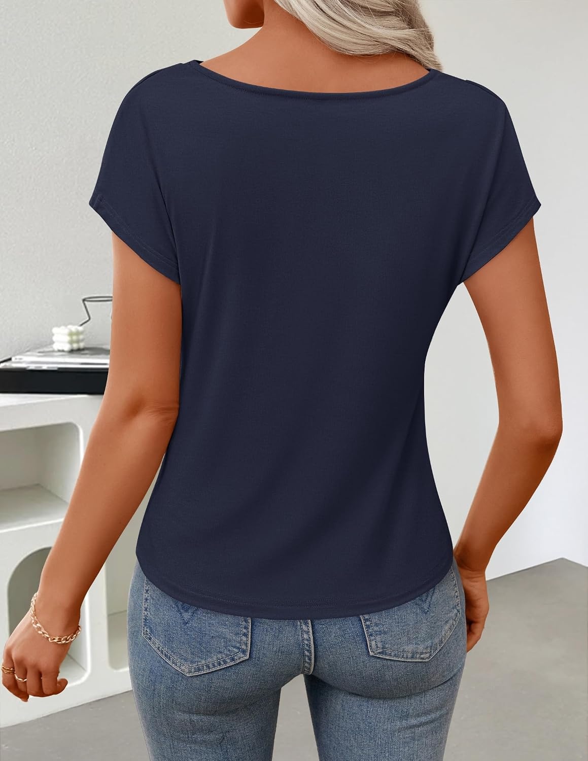 image:imageZESICA Womens Summer Cowl Neck Short Sleeve Tops Business Casual BlouseNavy